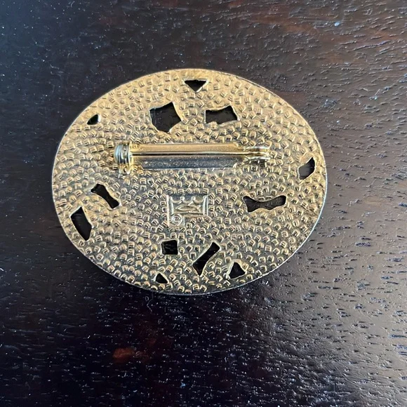 Fish and Crown Oval Gold Tone Cloisonne Floral Brooch with Cutouts - Picture 3 of 5